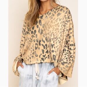 POL SOFT LEOPARD PRINT OPEN-BACK with TIE WEAR ON OR OFF SHOULDER SWEATE…